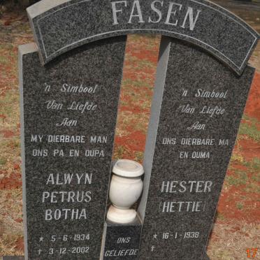 FASEN Alwyn Petrus Botha 1934-2002 &amp; Hester 1938-