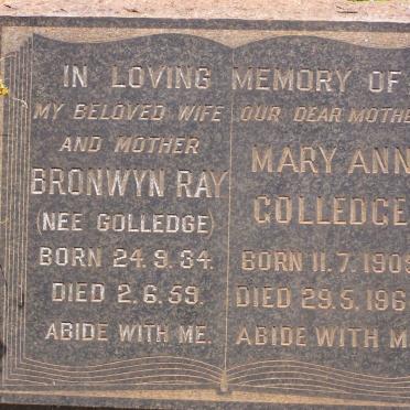 GOLLEDGE Mary Ann 1905-1963 :: RAY Bronwyn nee GOLLEDGE 1934-1959 