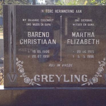 GREYLING Barend Christiaan 1906-1991 &amp; Martha Elizabeth 1915-1996