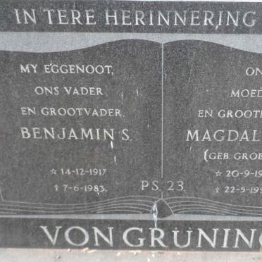 GRÜNNING Benjamin S., von 1917-1983 &amp; Magdalena J. GROBLER 1922-1996