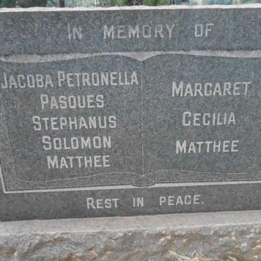 MATTHEE Jacoba Petronella Pasques Stephanus Solomon &amp; Margaret Cecilia