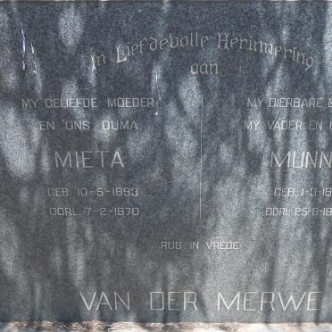 MERWE Munnik, van der 1891-1967 &amp; Mieta 1893-1970