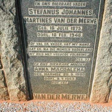 MERWE Stefanus Johannes Martines, van der 1875-1946 &amp; Anna Magdalena HARMSE 1880-1953