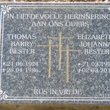 BESTER Thomas Barry 1924-1986 &amp; Elizabeth Johanna 1923-2012