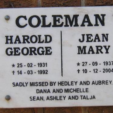 COLEMAN Harold George 1931-1992 &amp; Jean Mary 1937-2004