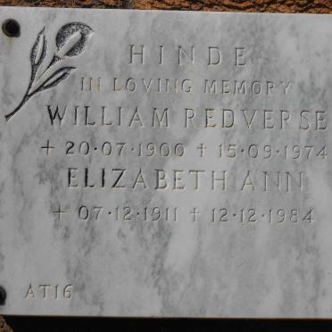 HINDE William Redverse 1900-1974 &amp; Elizabeth Ann 1911-1984