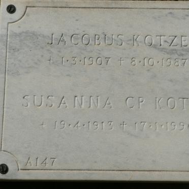 KOTZE Jacobus 1907-1987 &amp; Susanna C.P. 1913-1996