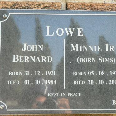 LOWE John Bernard 1921-1984 &amp; Minnie Iris SIMS 1917-2003