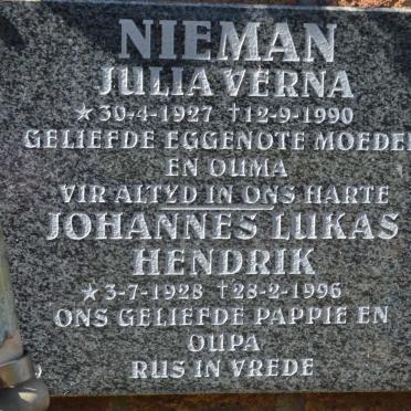 NIEMAN Johannes Lucas Hendrik 1928-1996 &amp; Julia Verna 1927-1990