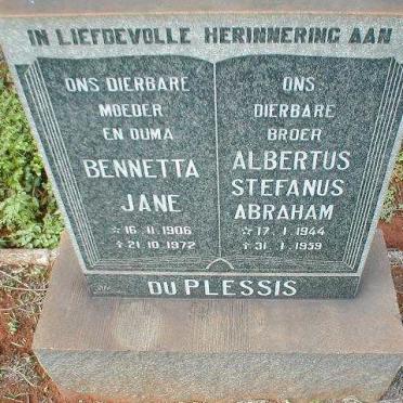PLESSIS Albertus Stefanus Abraham, du 1944-1959 &amp; Bennetta Jane 1906-1972