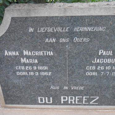 PREEZ Paul Jacobus, du 1882-1967 &amp; Anna Margrietha Maria 1891-1962
