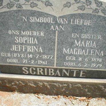 SCRIBANTE Sophia Jeffrina nee UYS 1877-1961 :: SCRIBANTE Maria Magdalena 1898-1979