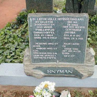 SNYMAN Phillippus Christoffel 1904-1962 &amp; Gertruida Jacoba VAN DEN HEEVER 1912-2001