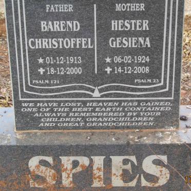 SPIES Barend Christoffel 1913-2000 &amp; Hester Gesiena 1924-2008