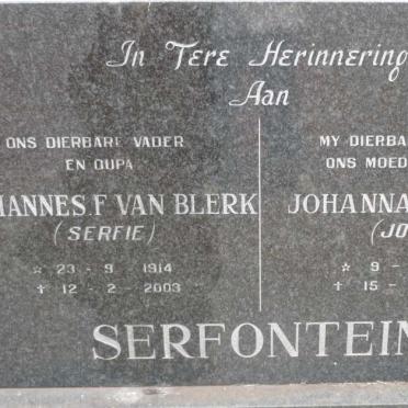 SERFONTEIN Johannes F. van Blerk 1914-2003 &amp; Johanna Susanna 1919-2001
