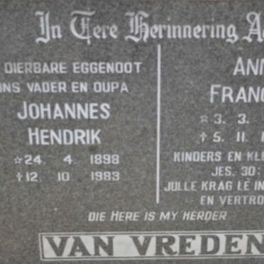 VREDEN Johannes Hendrik, van 1898-1983 &amp; Anna Francina 1910-1995