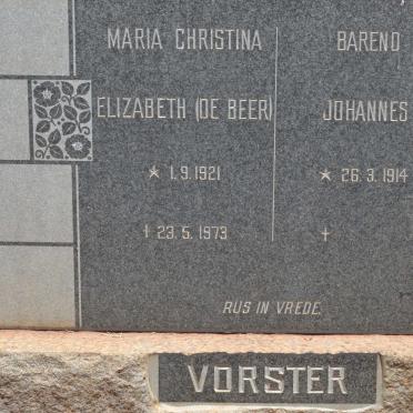 VORSTER Barend Johannes 1914- &amp; Maria Christina Elizabeth DE BEER 1921-1973