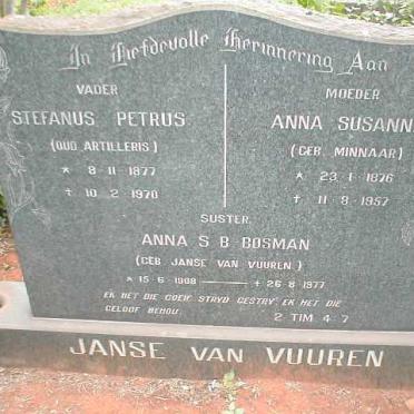 VUUREN Stephanus Petrus, Janse van 1877-1970 &amp; Anna Susanna nee MINNAAR 1876-1957