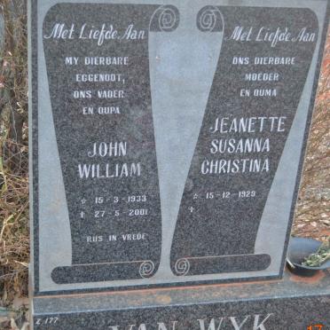 WYK John William, van 1933-2001 &amp; Jeanette Susanna Christina 1929-
