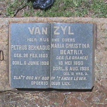 ZYL Petrus Bernardus, van 1860-1936 &amp; Maria Christina Beatrix LE GRANGE 1850-1936