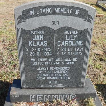 HENNING Jan Klaas 1922-1994 &amp; Lily Caroline 1931-1973