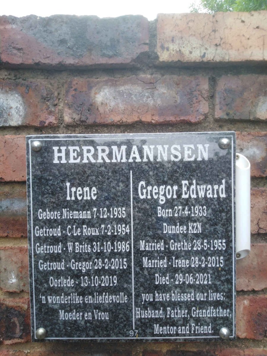 HERRMANNSEN Gregor Edward 1933-2021 &amp; Irene 1935-2019