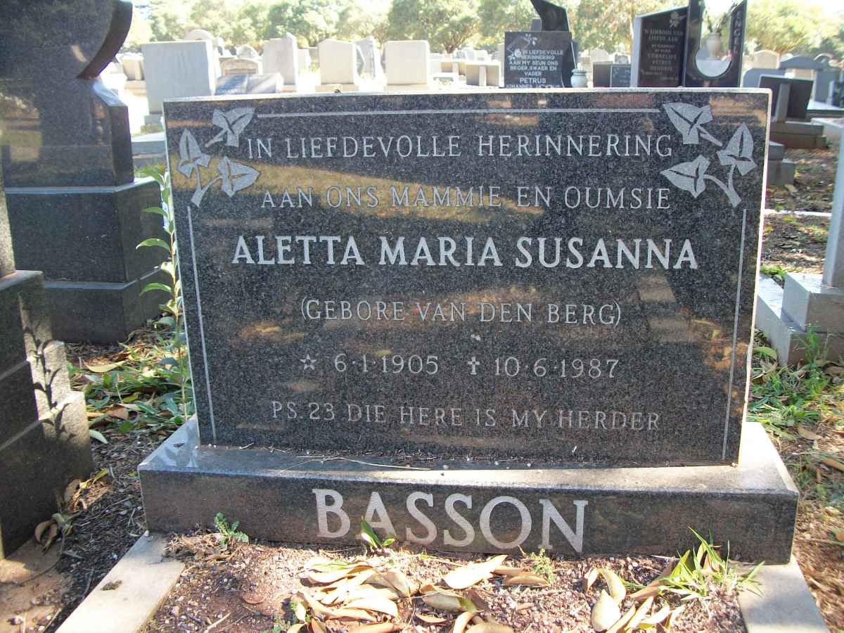 BASSON Aletta Maria Susanna geb VAN DEN BERG 1905-1987