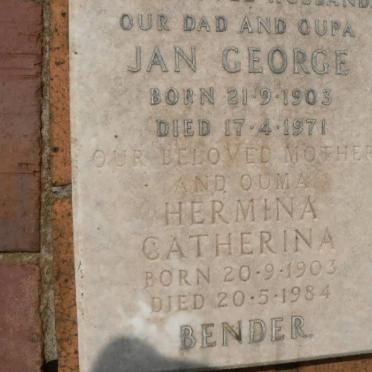 BENDER Jan George 1903-1971 &amp; Hermina Catherina 1903-1984