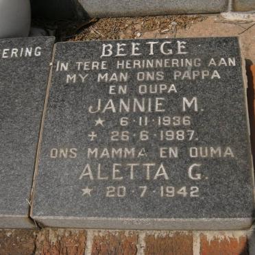 BEETGE Jannie M. 1936-1987 &amp;  Aletta G. 1942-