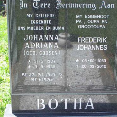 BOTHA Frederik Johannes 1933-2010 &amp; Johanna Adriana GOOSEN 1937-1989
