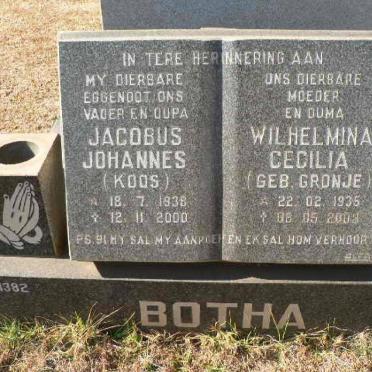 BOTHA Jacobus Johannes 1938-2000 &amp; Wilhelmina Cecilia CRONJE 1935-200?