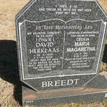 BREEDT David Herklaas 1938-2004 &amp; Cecilia Maria Magaretha 1943-2010