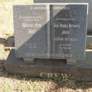 CREW William Fred 1928-2001 &amp; Anna Sophia Petronella MALHERBE 1932-2002