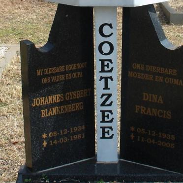 COETZEE Johannes Gysbert Blankenberg 1934-1981 &amp; Dina Francis 1935-2005