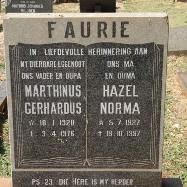 FAURIE Marthinus Gerhardus 1920-1976 &amp; Hazel Norma 1927-1997
