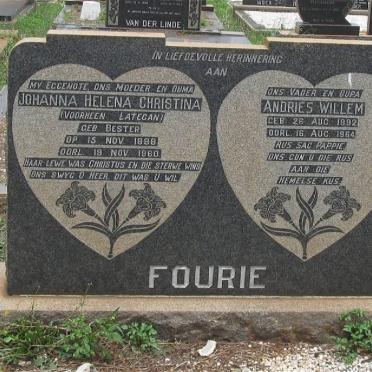 FOURIE Andries Willem 1892-1964 &amp; Johanna Helena Christina formerly LATEGAN nee BESTER 1888-1960