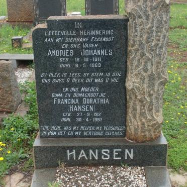HANSEN Andries Johannes 1911-1963 &amp; Francina Dorathia HANSEN 1912-1997