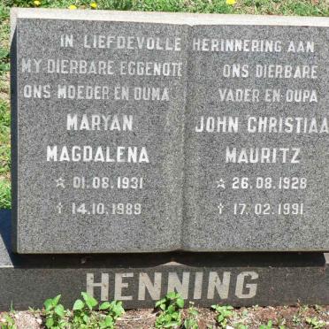 HENNING John Christiaan Mauritz 1928-1991 &amp; Maryan Magdalena 1931-1989