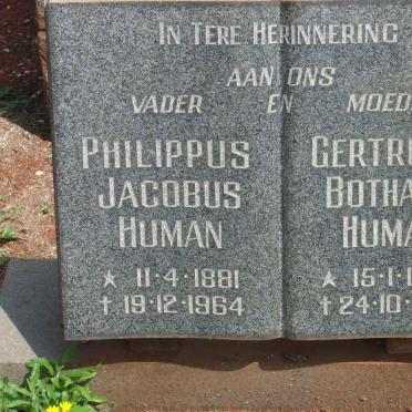 HUMAN Philippus Jacobus 1881-1964 &amp; Gertruida Botha Vh. 1884-1971