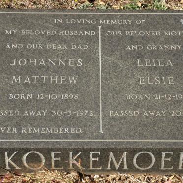 KOEKEMOER Johannes Matthew 1896-1972 &amp; Leila Elsie 1915-1988