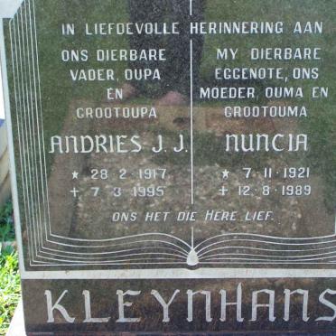 KLEYNHANS Andries J.J. 1917-1995 &amp; Nuncia 1921-1989