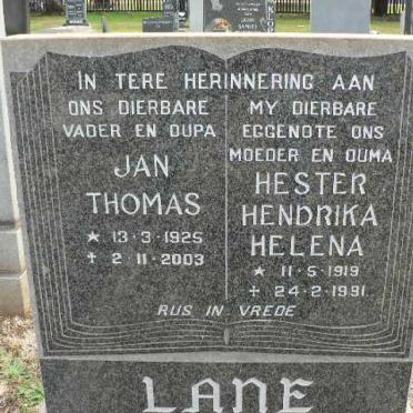 LANE Jan Thomas 1925-2003 &amp; Hester Hendrika Helena 1919-1991
