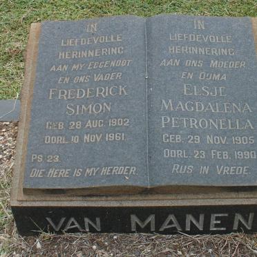 MANEN Frederick Simon, van 1902-1961 &amp; Elsje Magdalena Petronella 1905-1990