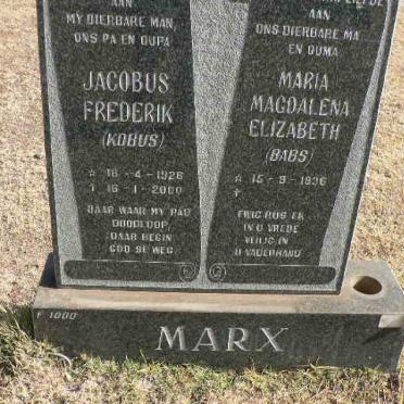 MARX Jacobus Frederik 1926-2000 &amp; Maria Magdalena Elizabeth 1936-