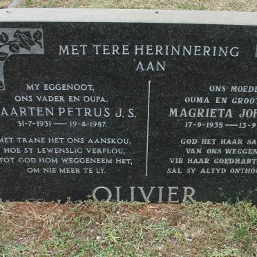 OLIVIER Maarten Petrus J.S. 1931-1987 &amp; Magrieta Johanna 1935-2005