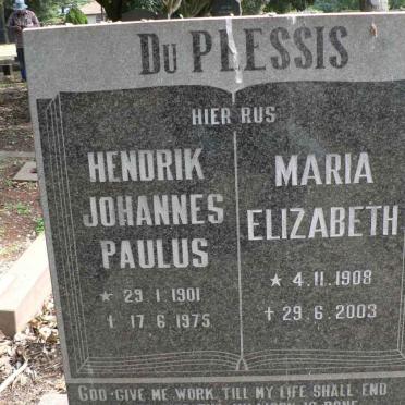PLESSIS Hendrik Johannes Paulus, du 1901-1975 &amp; Maria Elizabeth 1908-2003
