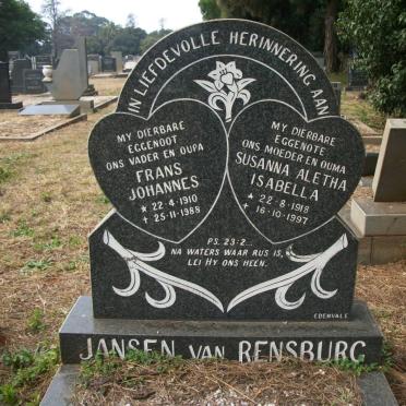 RENSBURG Frans Johannes, Jansen van 1910-1988 &amp; Susanna Aletha Isabella 1918-1997