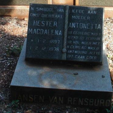 RENSBURG, Jansen van Hester Antonetta Magdalena 1897-1976
