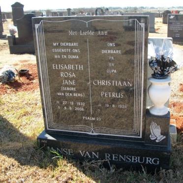 RENSBURG Christiaan Petrus, Janse van 1928- &amp; Elisabeth Rosa Jane VAN DEN BERG 1932-2006