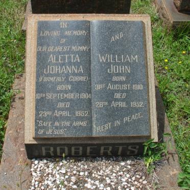 ROBERTS William John 1910-1952 &amp; Aletta Johanna CORRIE 1904-1952